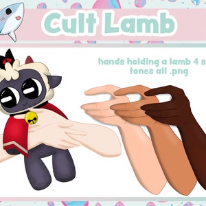 Puede incluir: Un cordero de dibujos animados con una capa roja y una corona está siendo sostenido por cuatro manos de diferentes tonos de piel. La imagen se titula "Cult Lamb hands holding a lamb 4 skin tones all.png".