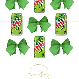 May include: Nine green bows and three green and white Mountain Dew cans arranged in a grid pattern. The text "Erin Rhea's Shop" is in the bottom center of the image.