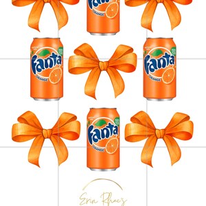 May include: Nine orange and white Fanta soda cans with the text "Fanta Orange" on the front. Each can is tied with a large orange bow.