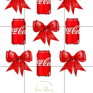May include: Nine digital images of red bows and Coca-Cola cans. The cans are red with white lettering that reads "Original Taste Coca-Cola".