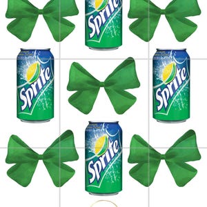 Może przedstawiać: Dziewięć kwadratowych płytek, na każdej z nich znajduje się zielona kokardka i puszka Sprite. Puszki są zielone i niebieskie z napisem "Sprite" w kolorze białym.