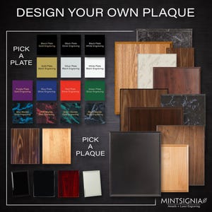 May include: A display showing options for custom plaques, featuring text that reads DESIGN YOUR OWN PLAQUE, PICK A PLATE, and PICK A PLAQUE. The image includes various rectangular plate colors, marble patterns, and wooden plaque bases by MINTISIGNIA.
