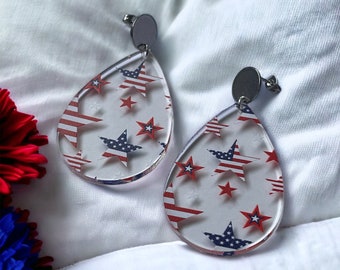 Clear Star Pattern Earrings | Silver Post | Memorial Day & 4th July