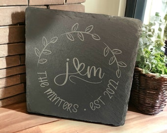 Personalized Leaf Monogram Slate Coaster (Set of 4) | The Minter