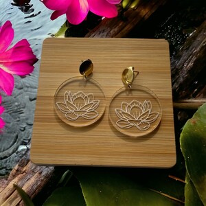 Laser Engraved Cut Round Clear Acrylic Lotus Flower Gold Hypoallergenic Earrings