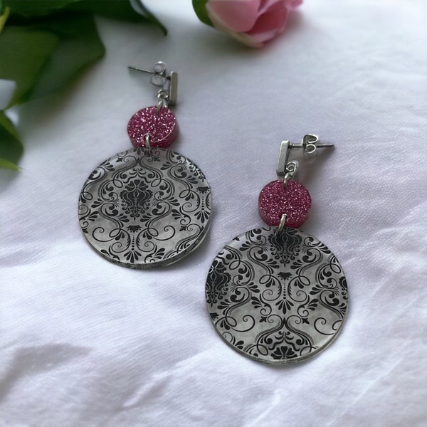 Glitter & Lace Laser Cut Acrylic Earrings | Pink Black Design