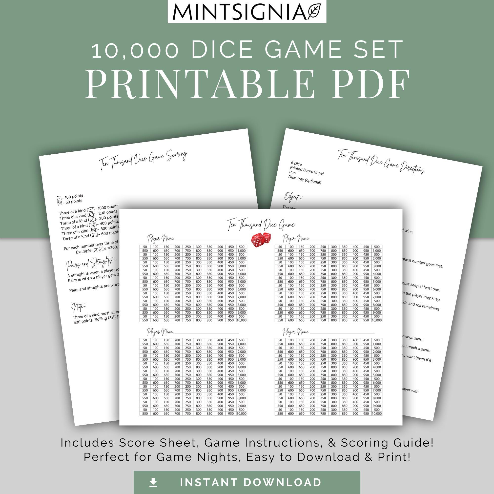 Ten Thousand Dice Game Set: Printable Score Sheet (PDF)