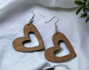 Heart Elegance: Laser Cut Birch Wood Earrings