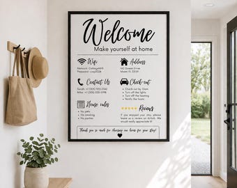Airbnb welcome sign bundle 5 languages, Printable welcome poster Fr En De It Es, Editable Canva template, Vacation rental host essentials