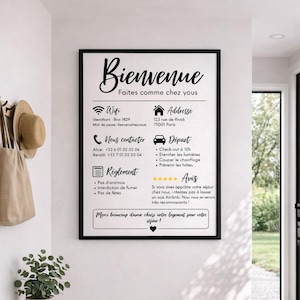 Peut inclure: Un panneau noir et blanc encadré avec le mot "Bienvenue" en haut, suivi de texte en français. Le panneau fournit des informations sur le Wi-Fi, l'adresse, les coordonnées, les règles, les instructions de départ et les avis des clients. Le panneau est dans une entrée lumineuse.