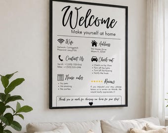 Airbnb Welcome Sign Printable, Vacation Rental Welcome Poster, Editable Canva Template, House Rules WiFi Sign, Airbnb Host Essentials