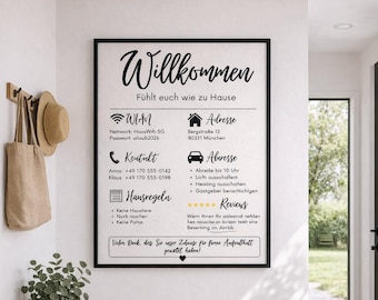 Airbnb Willkommensschild Druckbar, Ferienwohnung Poster Editierbar, Canva Vorlage, Hausregeln WLAN Schild, Airbnb Gastgeber