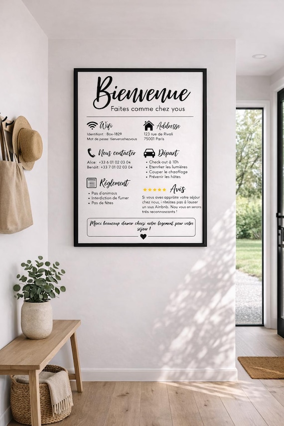 Panneau Accueil Airbnb Imprimable, Poster Bienvenue Location Vacances, Template Canva Éditable, Règlement WiFi, Accessoires Hôte Airbnb