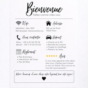 May include: A white welcome card with black script and icons. It includes WiFi details, address, contact information, departure instructions, house rules, and a thank you message. The card has a heart symbol.