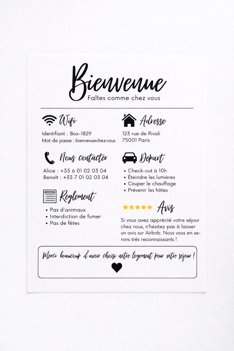May include: A white welcome card with black script and icons. It includes WiFi details, address, contact information, departure instructions, house rules, and a thank you message. The card has a heart symbol.