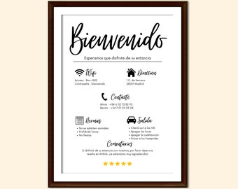 Airbnb Cartel de Bienvenida en Español, Imprimible Alquileres de Vacaciones, Cartel de Llegada de Huéspedes, Cosas a Saber, Info Wifi