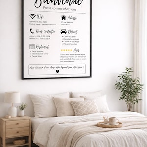 May include: A framed sign with the word "Bienvenue" in script, above text in French. The sign is in a bedroom with a bed, nightstand, and plant. The sign includes WiFi details, contact info, and house rules.