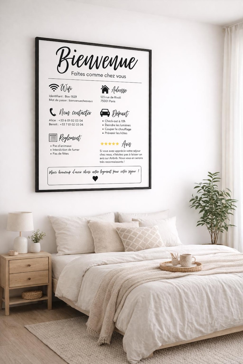 May include: A framed sign with the word "Bienvenue" in script, above text in French. The sign is in a bedroom with a bed, nightstand, and plant. The sign includes WiFi details, contact info, and house rules.
