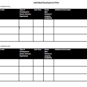 Peut inclure: Un modèle de plan de développement individuel vierge avec des sections pour l'objectif de développement, l'élément de développement, le type de développement, la date de début, le statut et des informations supplémentaires.