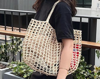 Raffia Crochet Tote: Handcrafted, Airy Mesh, Netted, Lightweight, Summery