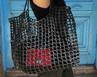 Raffia Crochet Bag in Black Extra Large Oversized Mesh Cage Beach Tote Foldable Straw Natural String Net Tote Tan Packable Vacation Tote Bag