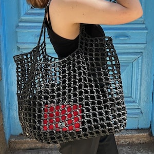Raffia Crochet Bag in Black Extra Large Oversized Mesh Cage Beach Tote Foldable Straw Natural String Net Tote Tan Packable Vacation Tote Bag
