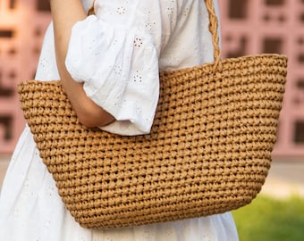 Raffia hand-woven basket bag, crochet straw french basket bag with long handles, sand straw tote small beach bag, weave natural vacation bag