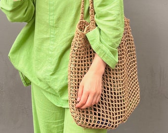 Slouchy Foldable Beach Bag Natural Straw Boho Raffia Net Tote Vacation Lightweight Paper Rope Bag Mesh Summer Light Large Bag Crochet Tote