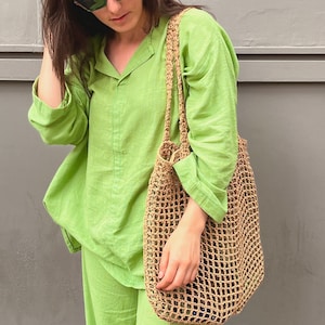 Crochet Mesh Beach Bag Slouchy Net Tote - Lightweight Beach Tote - Packable Black Woven Bag - Natural Foldable Summer Bag - Straw Black Tote