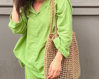 Crochet Mesh Beach Bag Slouchy Net Tote - Lightweight Beach Tote - Packable Black Woven Bag - Natural Foldable Summer Bag - Straw Black Tote