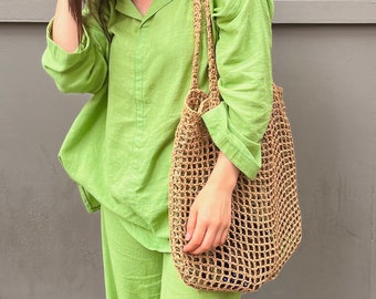 Slouchy Foldable Beach Bag Natural Straw Boho Raffia Net Tote Vacation Lightweight Paper Rope Bag Mesh Summer Light Large Bag Crochet Tote