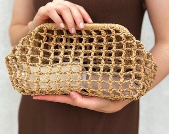 Black straw mesh clutch lightweight summer evening clutch black raffia pouch bag natural crochet jute bag navy yarn weave beach cloud clutch