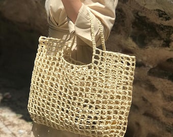 Small Raffia Tote, Crochet Weave Raffia Beach Bag, Straw Open Woven Large Beach Tote Paper Yarn Black Small Bag Transparent Raffia Tote Sand