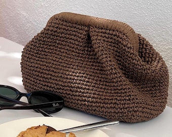 Brown Crochet Clutch: Deep Brown, Pastel Green, Natural Straw, Navy Blue
