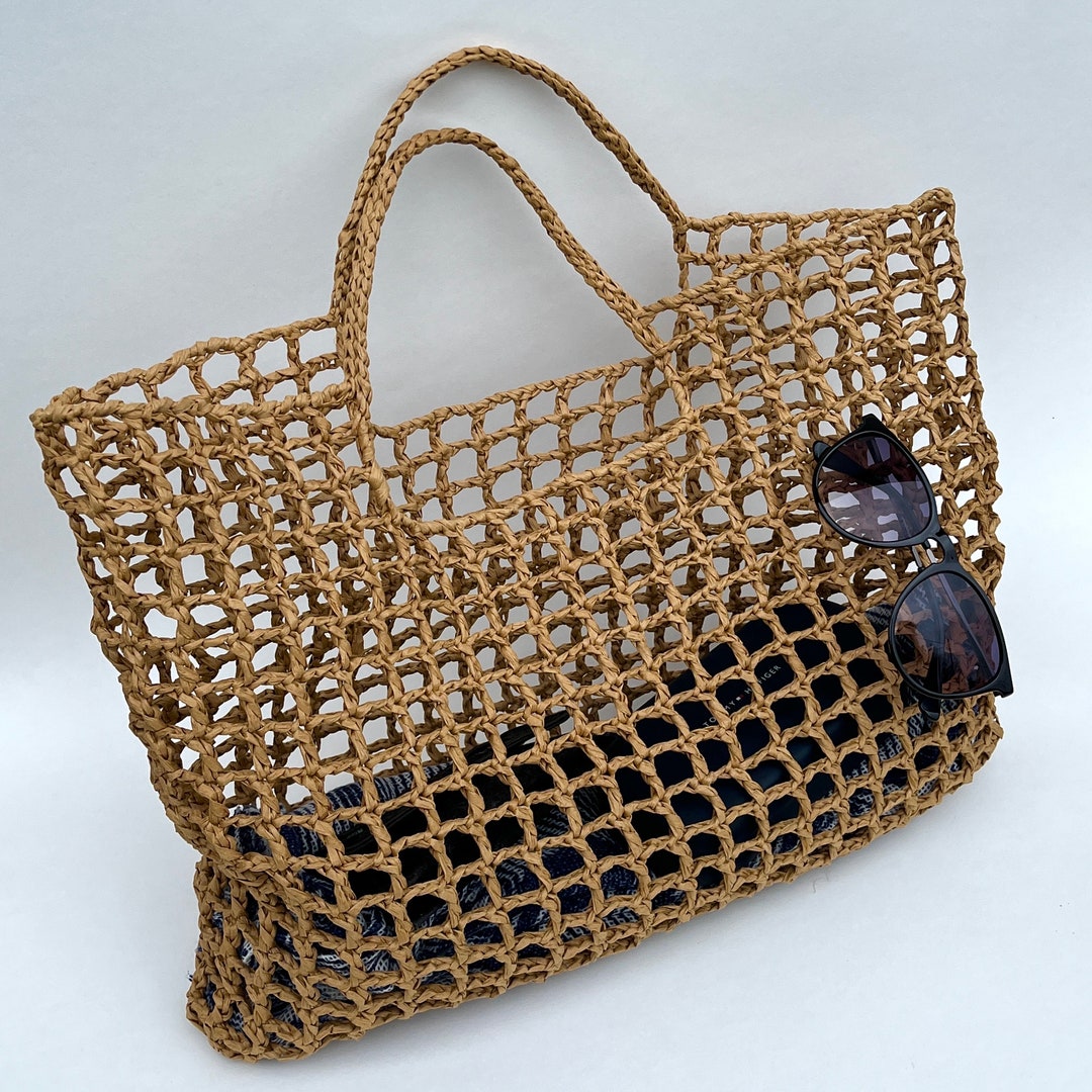 Raffia Straw Mesh Beach Bag, Large Vacation Net Tote Sage Crochet Paper ...