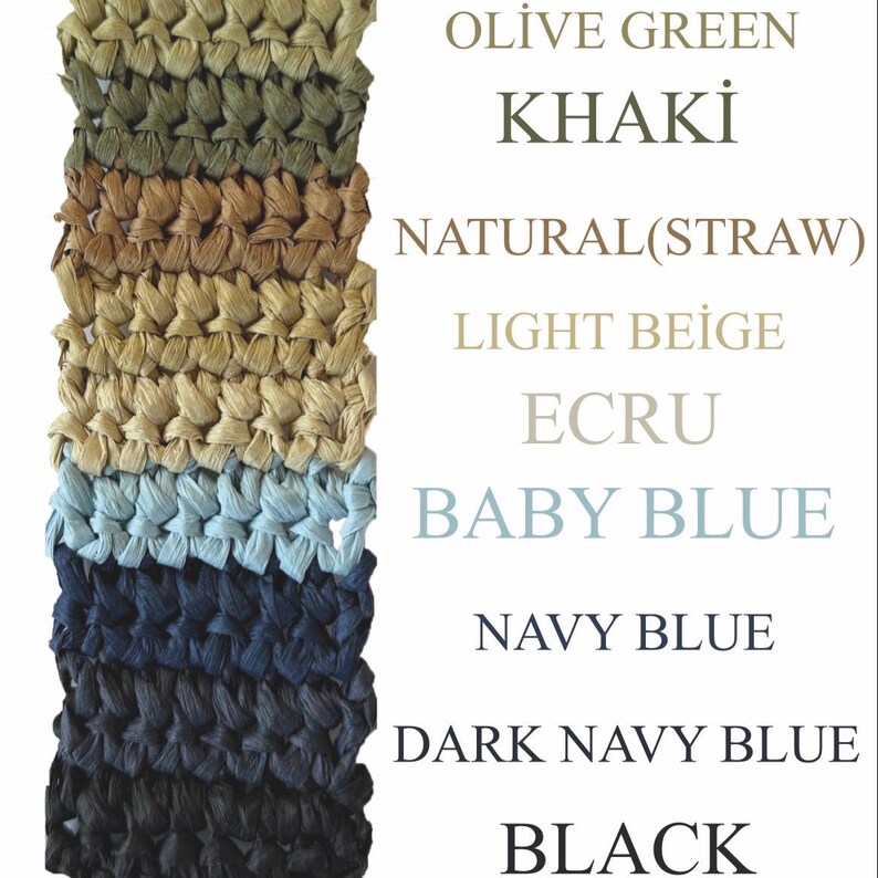 May include: A vertical strip of crocheted raffia yarn showing eight distinct color swatches labeled as Olive Green, Khaki, Natural (Straw), Light Beige, Ecru, Baby Blue, Navy Blue, Dark Navy Blue, and Black, arranged in a stacked sequence.
