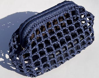 Openwork Raffia Clutch in Navy - Straw Beige Mesh Bag Tan – Mesh Crochet Purse - Raffia Net Summer Clutch - Lightweight Small Statement Bag