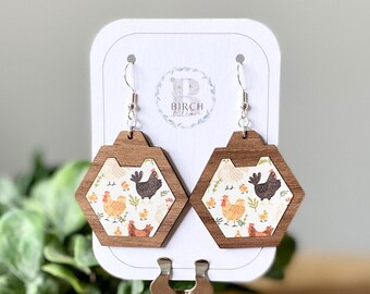 Wood Earrings, Chicken Earrings, Dangle Earrings, Lightweight Earrings, Hexagon Earrings, Farm Earrings