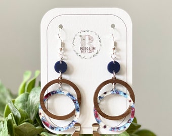 Wood and Acrylic Earrings, Dangle Earrings, Drop Earring, Lightweight Earrings, Natural Earrings, Boho Earrings, Floral Earring, Female Gift