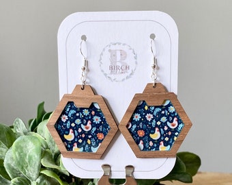 Acrylic and Wood Earrings, Chicken Earrings, Dangle Earrings, Lightweight Earrings, Hexagon Earrings, Farmhouse Earrings