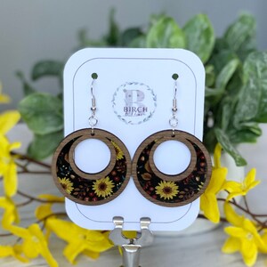 Acrylic and Wood Earrings, Black and Yellow Earrings, Dangle Earrings, Lightweight Earrings, Floral Earrings, Sunflower Earring, Summer