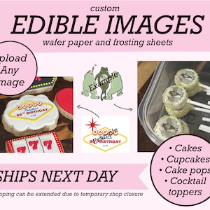 Puede incluir: Imágenes comestibles personalizadas sobre papel de oblea y hojas de glaseado. La imagen muestra ejemplos de imágenes comestibles personalizadas en galletas y cake pops. El texto incluye "Sube cualquier imagen" y "Feliz 89 cumpleaños Jim".