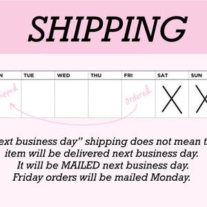 May include: A graphic chart titled SHIPPING with a weekly calendar showing Monday through Sunday. The calendar includes handwritten text reading Shipped on Monday and Ordered on Friday, with an arrow connecting them. Saturday and Sunday are marked with X.
