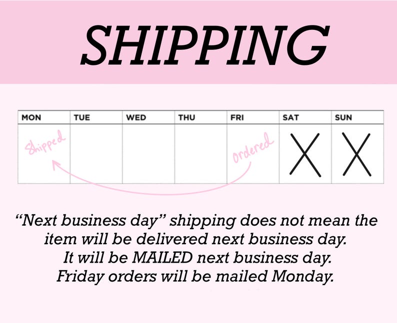 May include: A graphic chart titled SHIPPING with a weekly calendar showing Monday through Sunday. The calendar includes handwritten text reading Shipped on Monday and Ordered on Friday, with an arrow connecting them. Saturday and Sunday are marked with X.