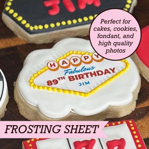 May include: A white cloud-shaped frosting sheet featuring a yellow diamond border and the text "HAPPY Fabulous 89TH BIRTHDAY JIM" in red, orange, and blue. The design mimics a Las Vegas sign, printed on an edible sugar-based sheet for food decoration.