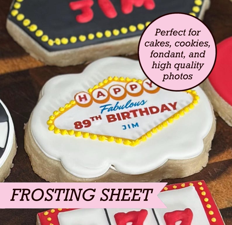 May include: A white cloud-shaped frosting sheet featuring a yellow diamond border and the text "HAPPY Fabulous 89TH BIRTHDAY JIM" in red, orange, and blue. The design mimics a Las Vegas sign, printed on an edible sugar-based sheet for food decoration.