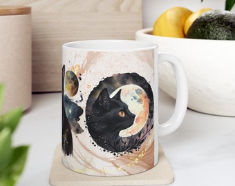 Mystical Black Cat Trio Galaxy Ceramic Mug 11oz