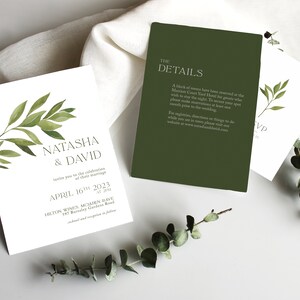 Modèle d'invitation de mariage botanique, blanc vert sauge, Botanica ; Suite d'invitations de mariage imprimable, invitations de mariage, invitation moderne et modifiable