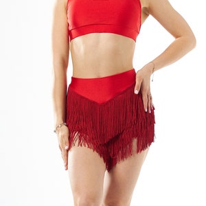 May include: A red dance top and skirt set with fringe. The top is a racerback style and the skirt is a short, layered skirt with fringe.