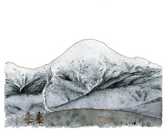 Mountain Watercolor Art Print, Mount Washington, White Mountains, Tuckerman’s Ravine, 11x14 Fine Art Print, Nature Adventure Wall Decor